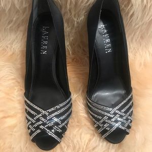 Ralph Lauren black satin rhinestone peep toe pump